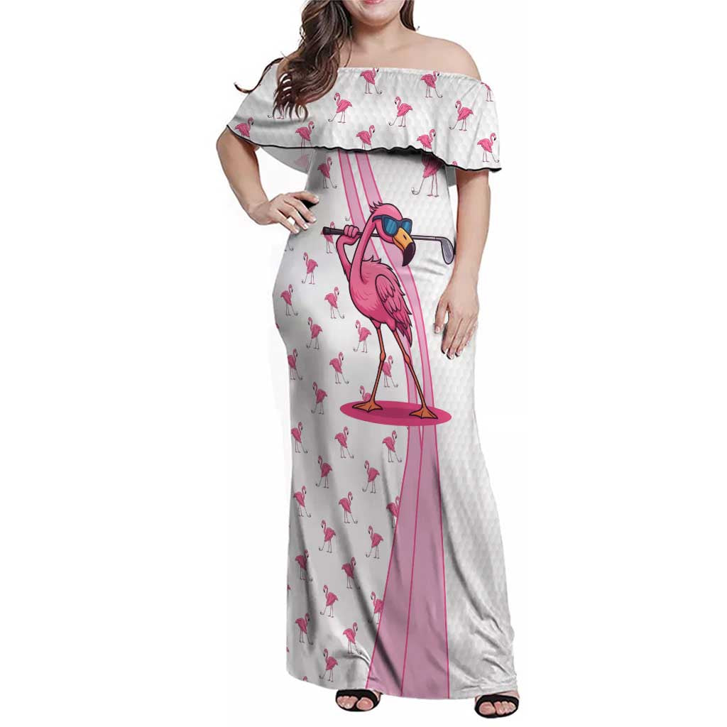 Personalized Pink Flamingo Playing Golf Family Matching Off Shoulder Maxi Dress and Hawaiian Shirt Sunglasses and White Pattern Background Design - Wonder Print Shop