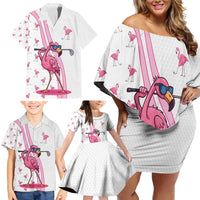Personalized Pink Flamingo Playing Golf Family Matching Off Shoulder Short Dress and Hawaiian Shirt Sunglasses and White Pattern Background Design - Wonder Print Shop