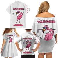 Personalized Pink Flamingo Playing Golf Family Matching Off Shoulder Short Dress and Hawaiian Shirt Sunglasses and White Pattern Background Design - Wonder Print Shop