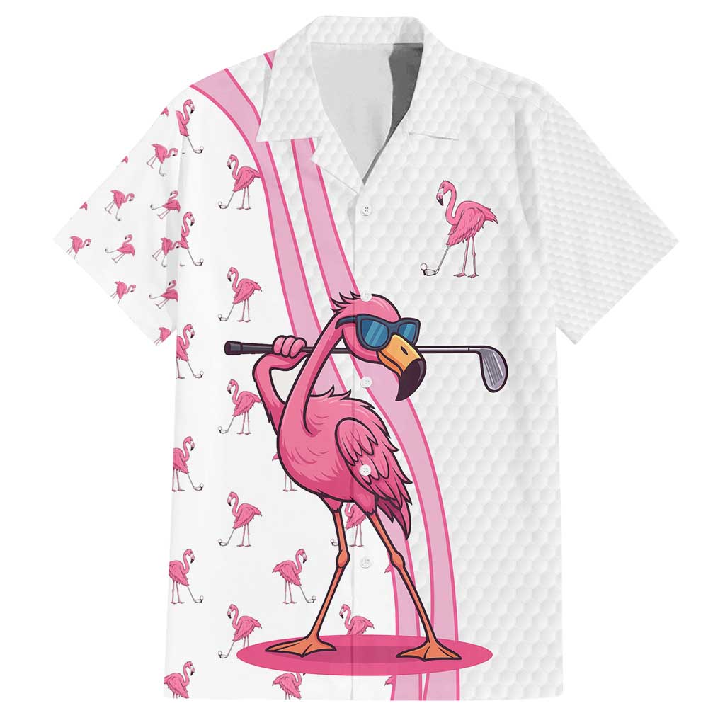 Personalized Pink Flamingo Playing Golf Family Matching Off Shoulder Short Dress and Hawaiian Shirt Sunglasses and White Pattern Background Design - Wonder Print Shop