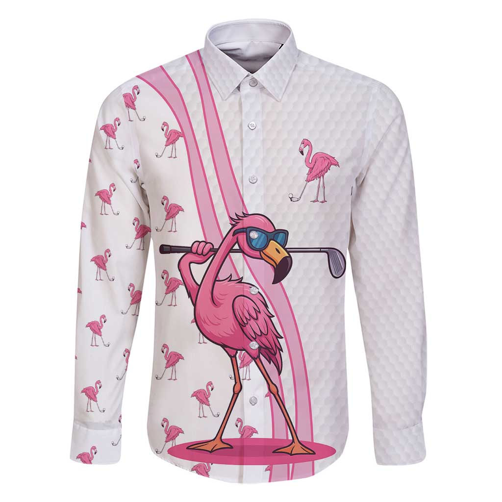 Personalized Pink Flamingo Playing Golf Family Matching Off Shoulder Short Dress and Hawaiian Shirt Sunglasses and White Pattern Background Design - Wonder Print Shop