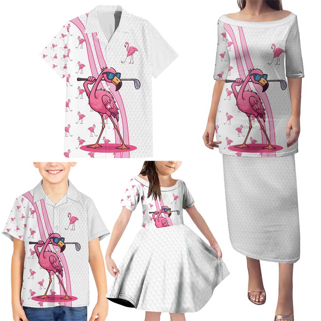 Personalized Pink Flamingo Playing Golf Family Matching Puletasi and Hawaiian Shirt Sunglasses and White Pattern Background Design - Wonder Print Shop