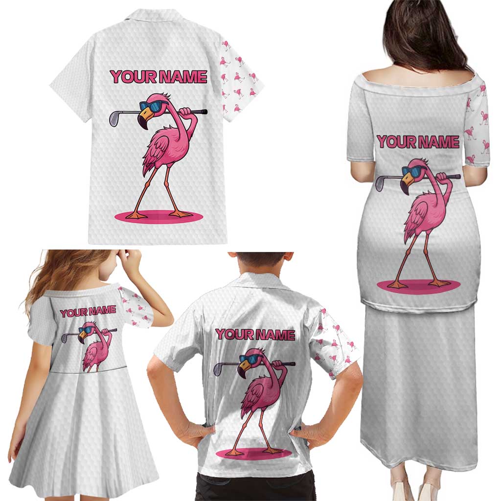 Personalized Pink Flamingo Playing Golf Family Matching Puletasi and Hawaiian Shirt Sunglasses and White Pattern Background Design - Wonder Print Shop