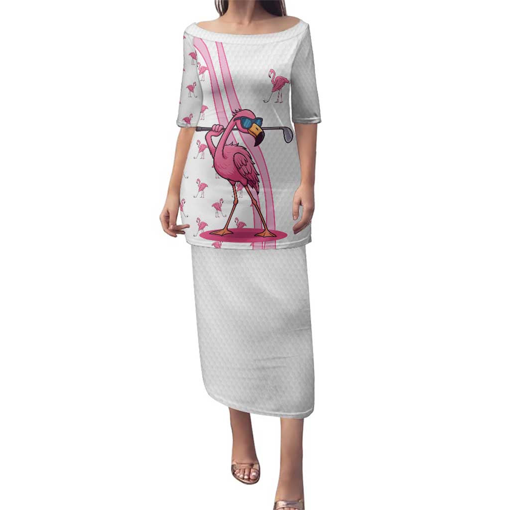 Personalized Pink Flamingo Playing Golf Family Matching Puletasi and Hawaiian Shirt Sunglasses and White Pattern Background Design - Wonder Print Shop