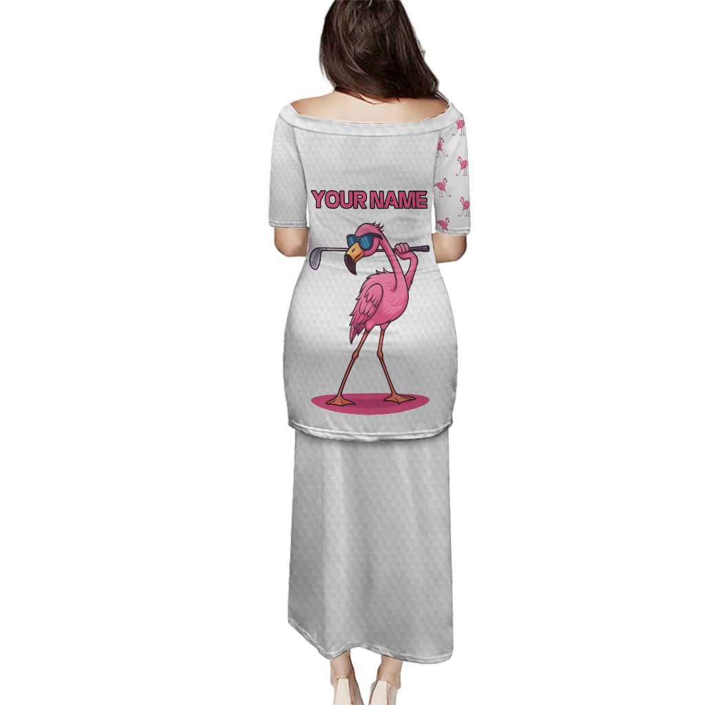 Personalized Pink Flamingo Playing Golf Family Matching Puletasi and Hawaiian Shirt Sunglasses and White Pattern Background Design - Wonder Print Shop