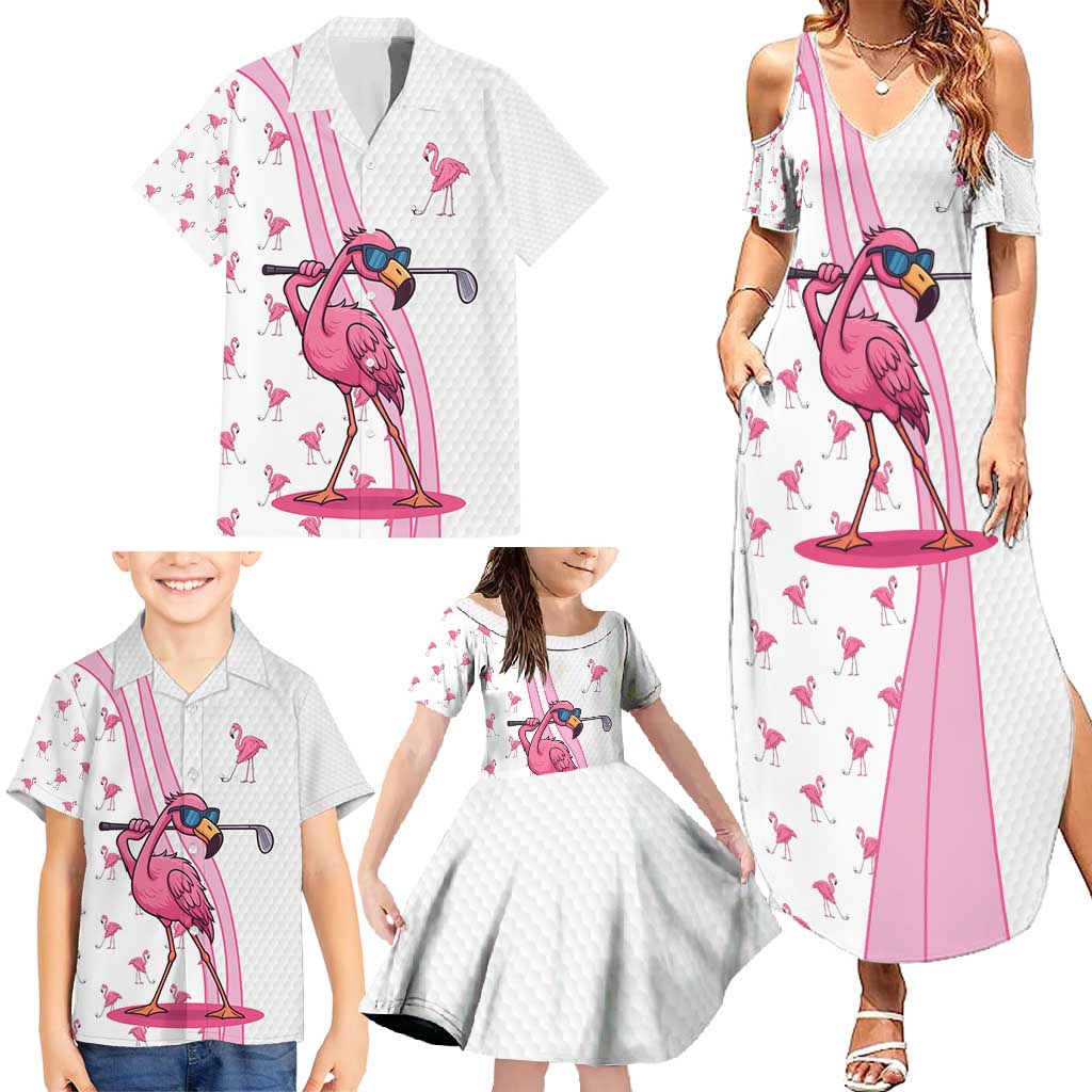 Personalized Pink Flamingo Playing Golf Family Matching Summer Maxi Dress and Hawaiian Shirt Sunglasses and White Pattern Background Design - Wonder Print Shop