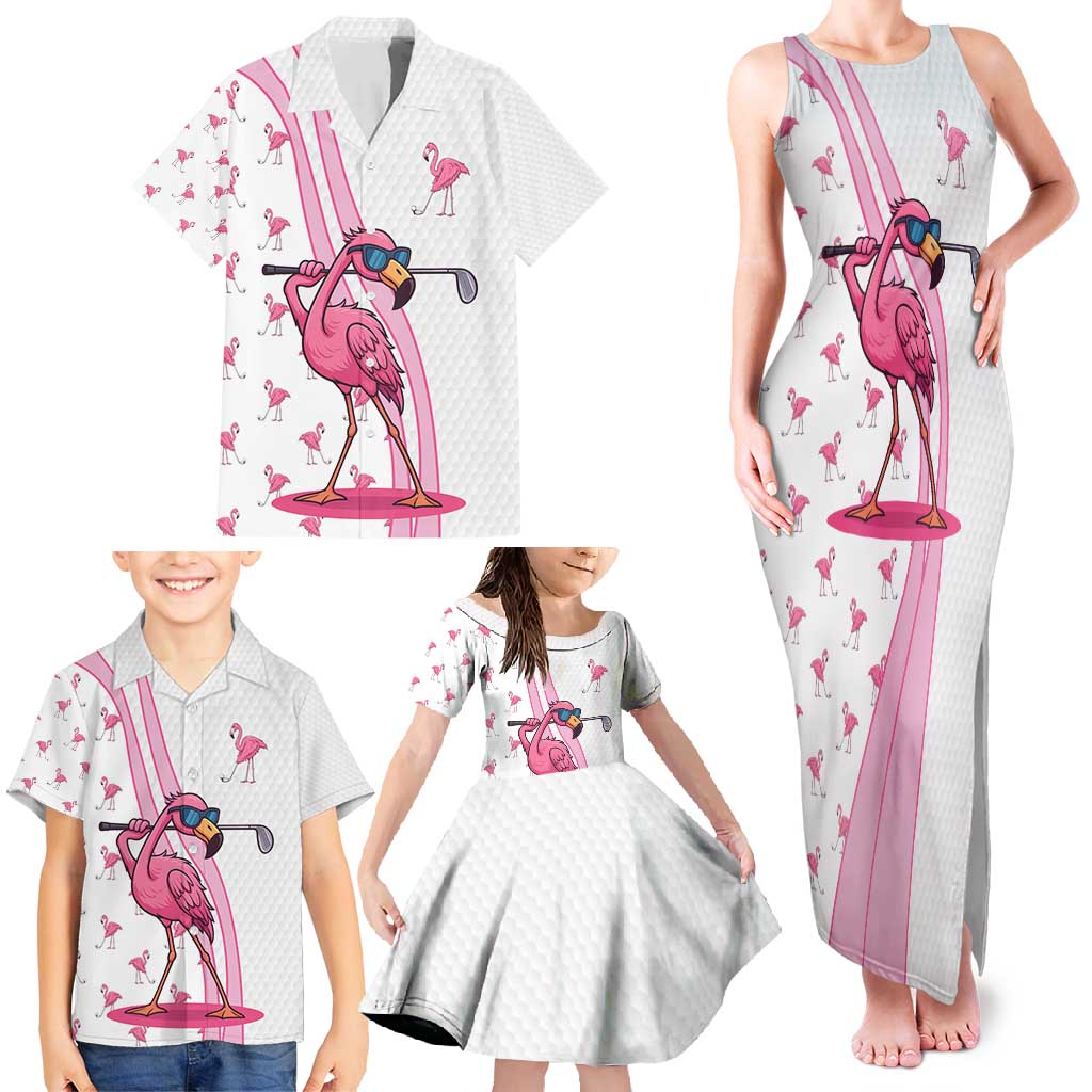 Personalized Pink Flamingo Playing Golf Family Matching Tank Maxi Dress and Hawaiian Shirt Sunglasses and White Pattern Background Design - Wonder Print Shop