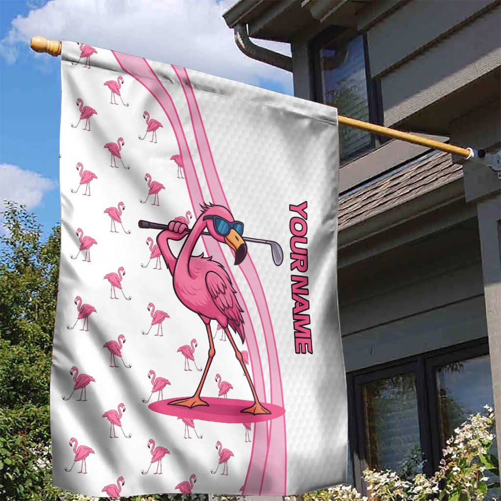 Personalized Pink Flamingo Playing Golf Garden Flag Sunglasses and White Pattern Background Design - Wonder Print Shop