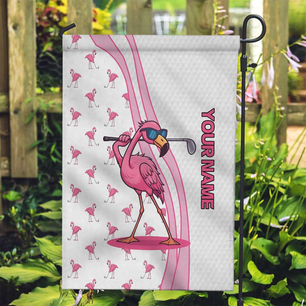 Personalized Pink Flamingo Playing Golf Garden Flag Sunglasses and White Pattern Background Design - Wonder Print Shop