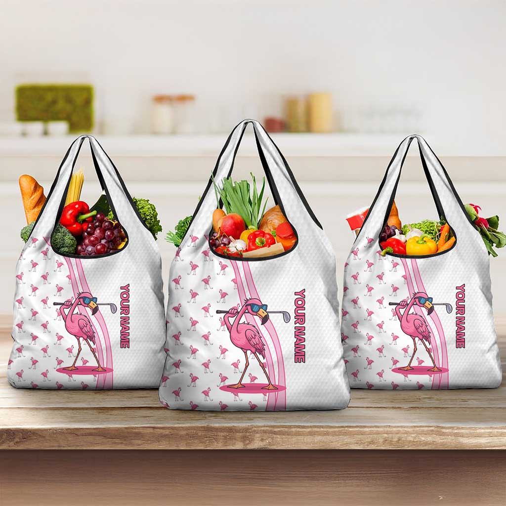 Personalized Pink Flamingo Playing Golf Grocery Bag Sunglasses and White Pattern Background Design - Wonder Print Shop