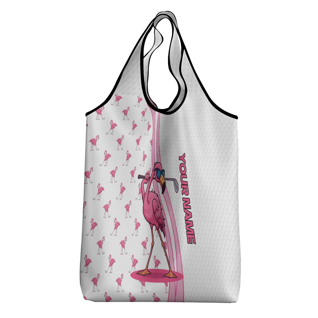 Personalized Pink Flamingo Playing Golf Grocery Bag Sunglasses and White Pattern Background Design - Wonder Print Shop