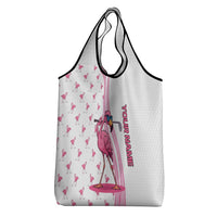 Personalized Pink Flamingo Playing Golf Grocery Bag Sunglasses and White Pattern Background Design - Wonder Print Shop