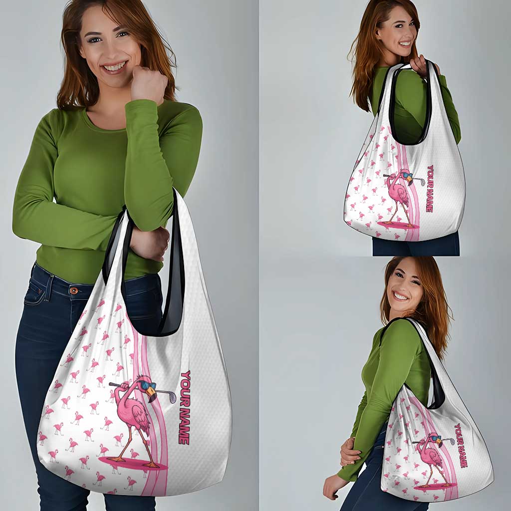 Personalized Pink Flamingo Playing Golf Grocery Bag Sunglasses and White Pattern Background Design - Wonder Print Shop