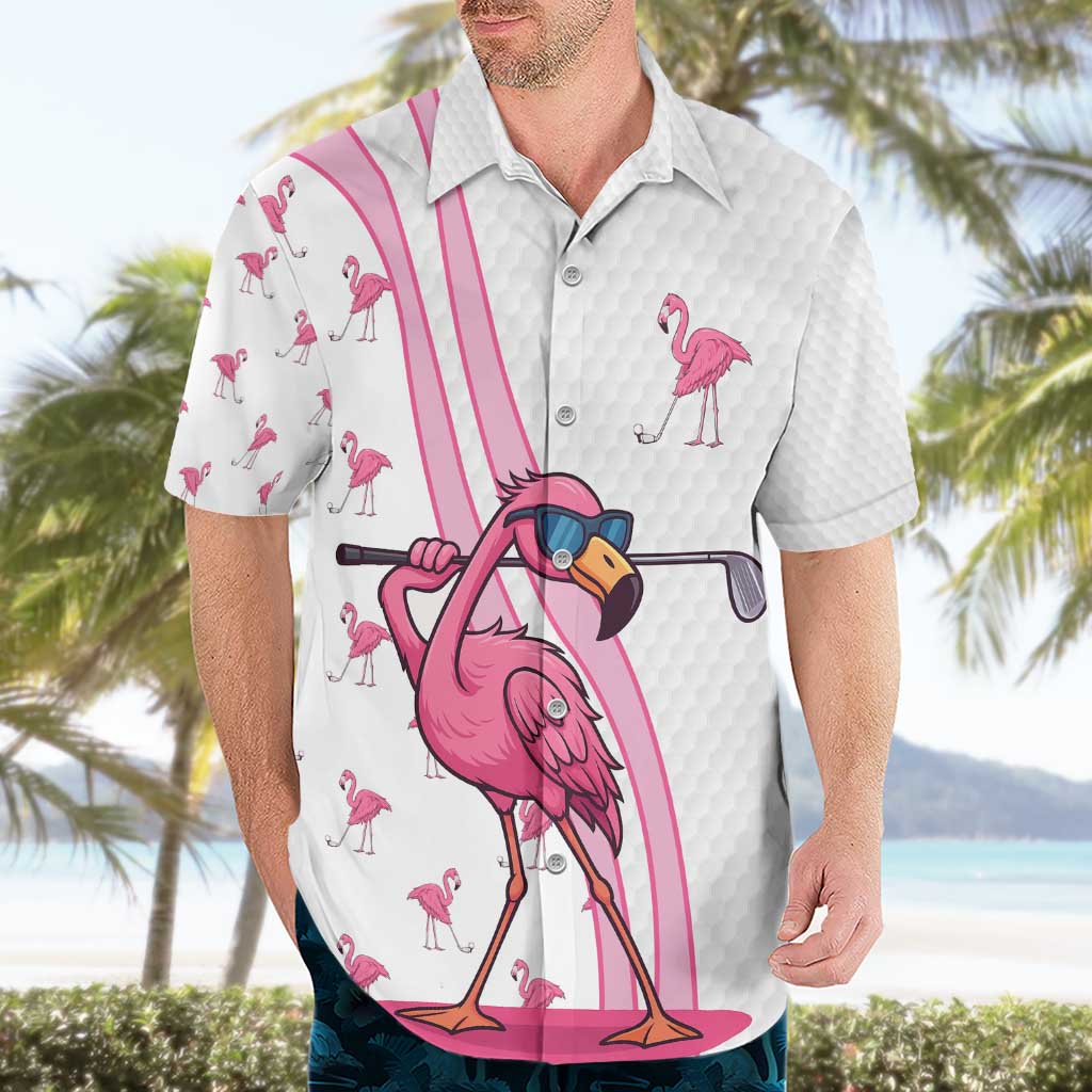 Personalized Pink Flamingo Playing Golf Hawaiian Shirt Sunglasses and White Pattern Background Design - Wonder Print Shop