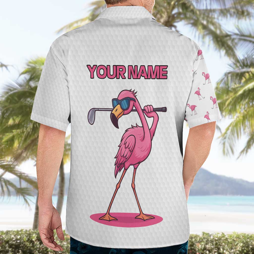 Personalized Pink Flamingo Playing Golf Hawaiian Shirt Sunglasses and White Pattern Background Design - Wonder Print Shop