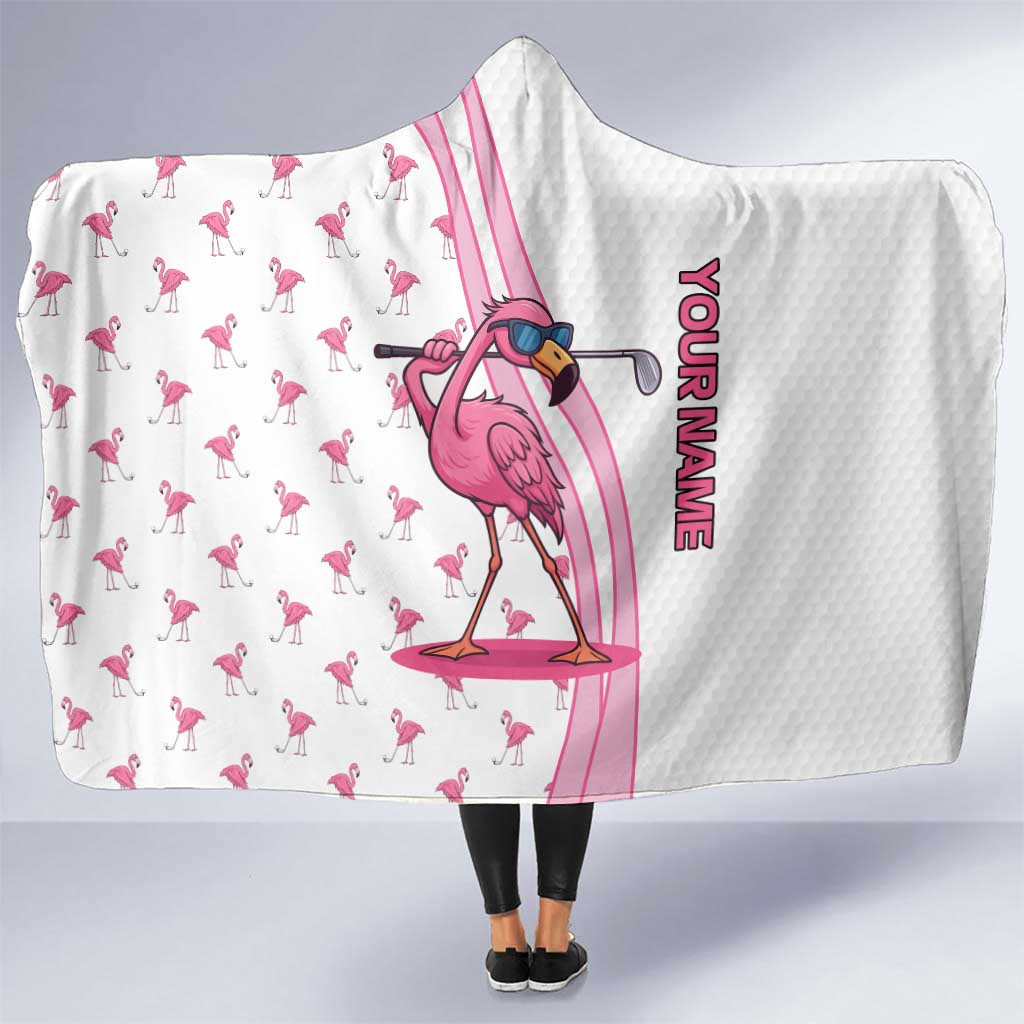 Personalized Pink Flamingo Playing Golf Hooded Blanket Sunglasses and White Pattern Background Design - Wonder Print Shop