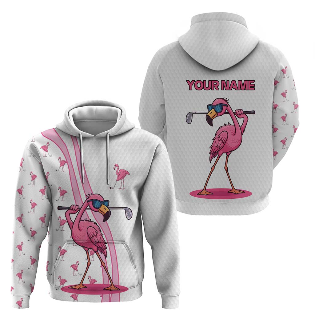 Personalized Pink Flamingo Playing Golf Hoodie Sunglasses and White Pattern Background Design - Wonder Print Shop