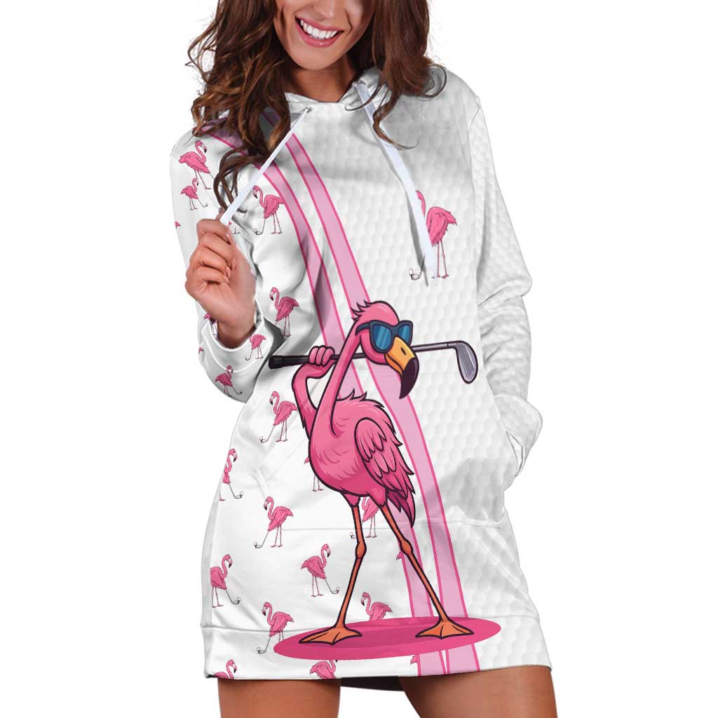 Personalized Pink Flamingo Playing Golf Hoodie Dress Sunglasses and White Pattern Background Design - Wonder Print Shop