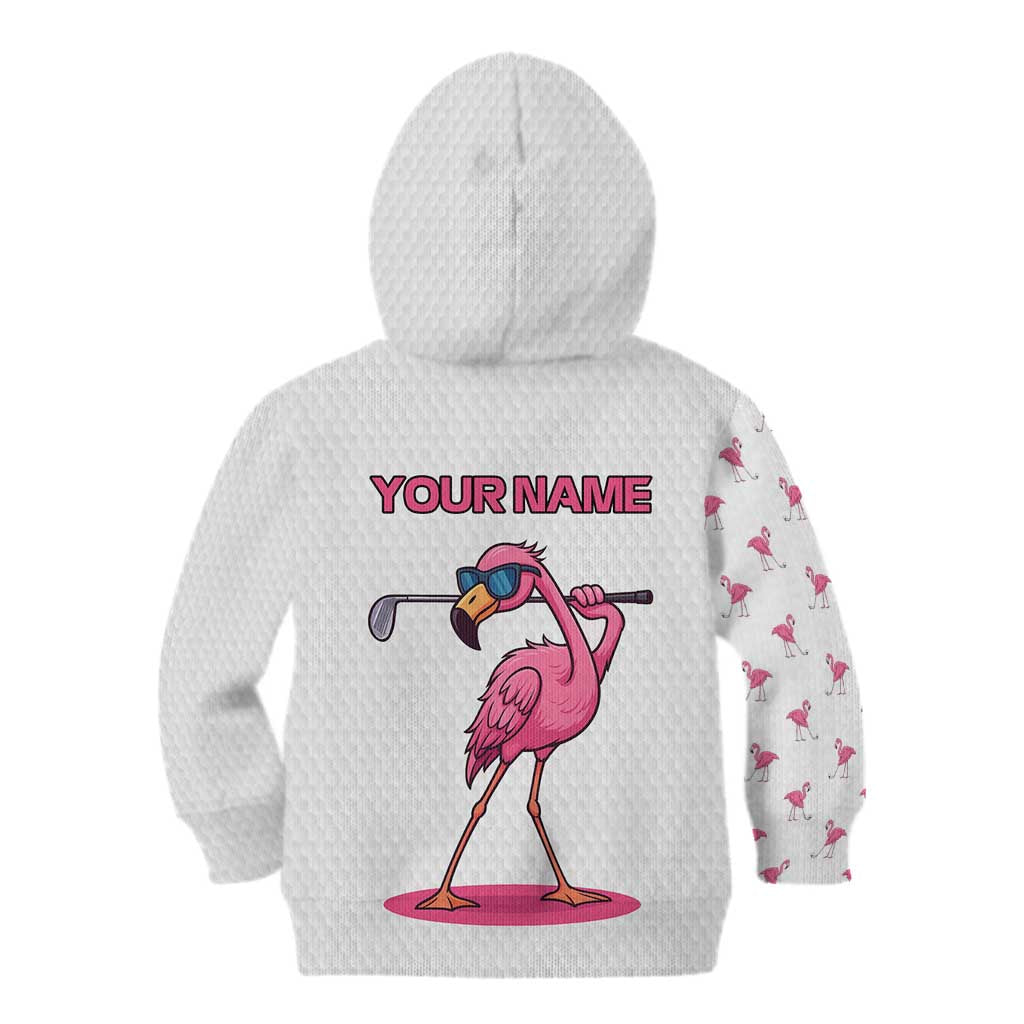 Personalized Pink Flamingo Playing Golf Kid Hoodie Sunglasses and White Pattern Background Design - Wonder Print Shop