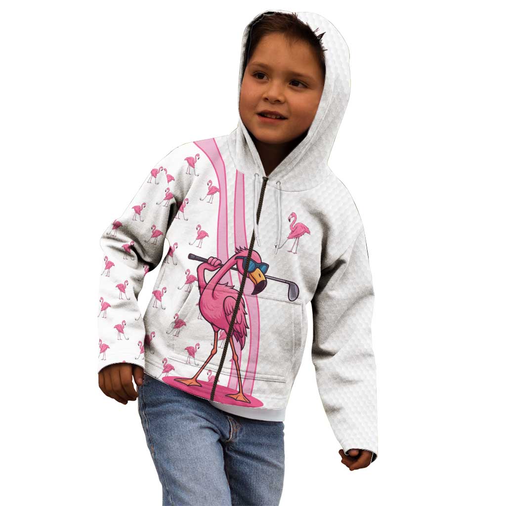 Personalized Pink Flamingo Playing Golf Kid Hoodie Sunglasses and White Pattern Background Design - Wonder Print Shop