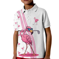 Personalized Pink Flamingo Playing Golf Kid Polo Shirt Sunglasses and White Pattern Background Design - Wonder Print Shop