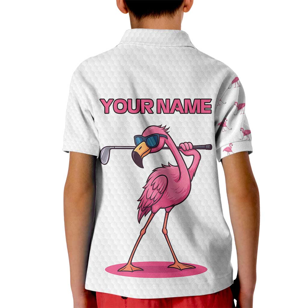 Personalized Pink Flamingo Playing Golf Kid Polo Shirt Sunglasses and White Pattern Background Design - Wonder Print Shop