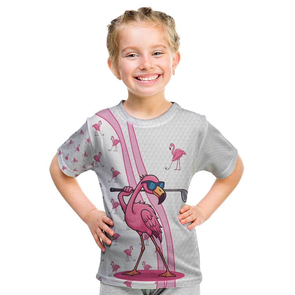 Personalized Pink Flamingo Playing Golf Kid T Shirt Sunglasses and White Pattern Background Design - Wonder Print Shop