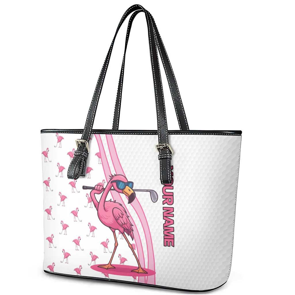 Personalized Pink Flamingo Playing Golf Leather Tote Bag Sunglasses and White Pattern Background Design - Wonder Print Shop