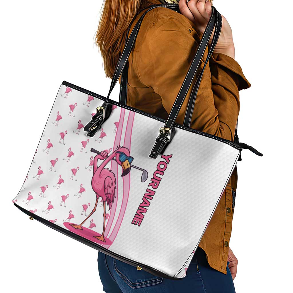 Personalized Pink Flamingo Playing Golf Leather Tote Bag Sunglasses and White Pattern Background Design - Wonder Print Shop