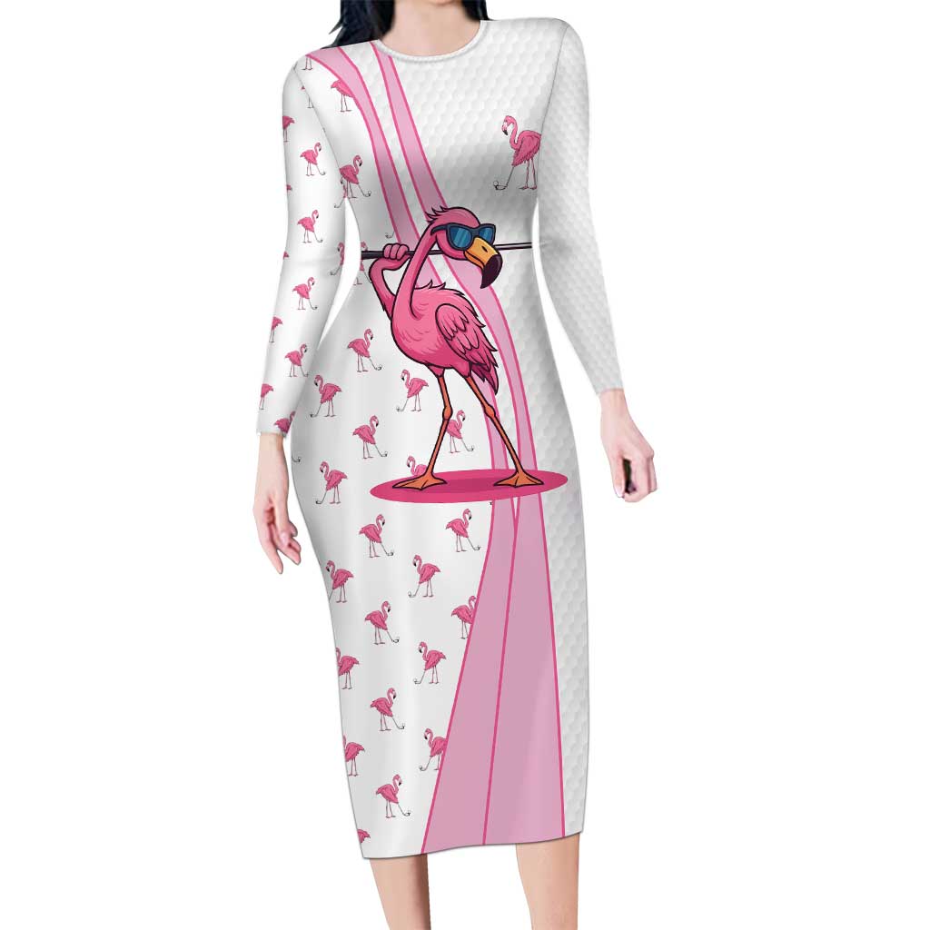 Personalized Pink Flamingo Playing Golf Long Sleeve Bodycon Dress Sunglasses and White Pattern Background Design - Wonder Print Shop