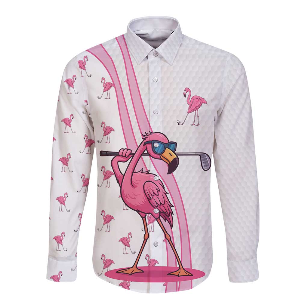 Personalized Pink Flamingo Playing Golf Long Sleeve Button Shirt Sunglasses and White Pattern Background Design - Wonder Print Shop