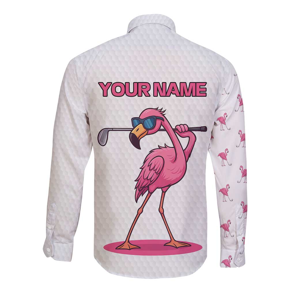 Personalized Pink Flamingo Playing Golf Long Sleeve Button Shirt Sunglasses and White Pattern Background Design - Wonder Print Shop