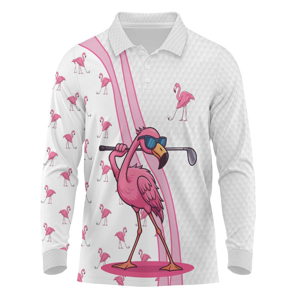 Personalized Pink Flamingo Playing Golf Long Sleeve Polo Shirt Sunglasses and White Pattern Background Design - Wonder Print Shop