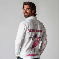Personalized Pink Flamingo Playing Golf Long Sleeve Polo Shirt Sunglasses and White Pattern Background Design - Wonder Print Shop