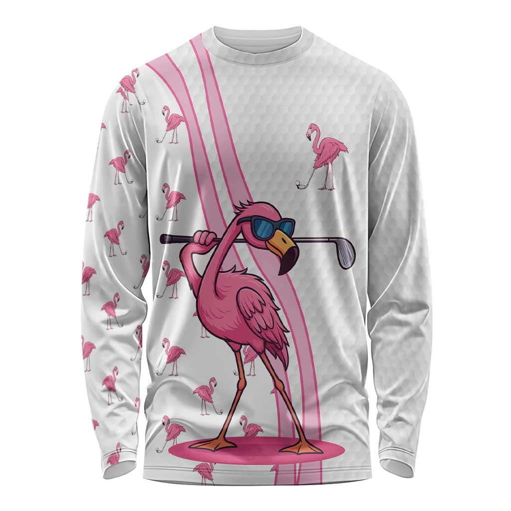 Personalized Pink Flamingo Playing Golf Long Sleeve Shirt Sunglasses and White Pattern Background Design - Wonder Print Shop