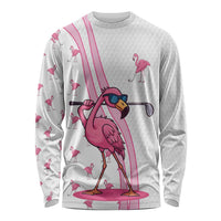 Personalized Pink Flamingo Playing Golf Long Sleeve Shirt Sunglasses and White Pattern Background Design - Wonder Print Shop