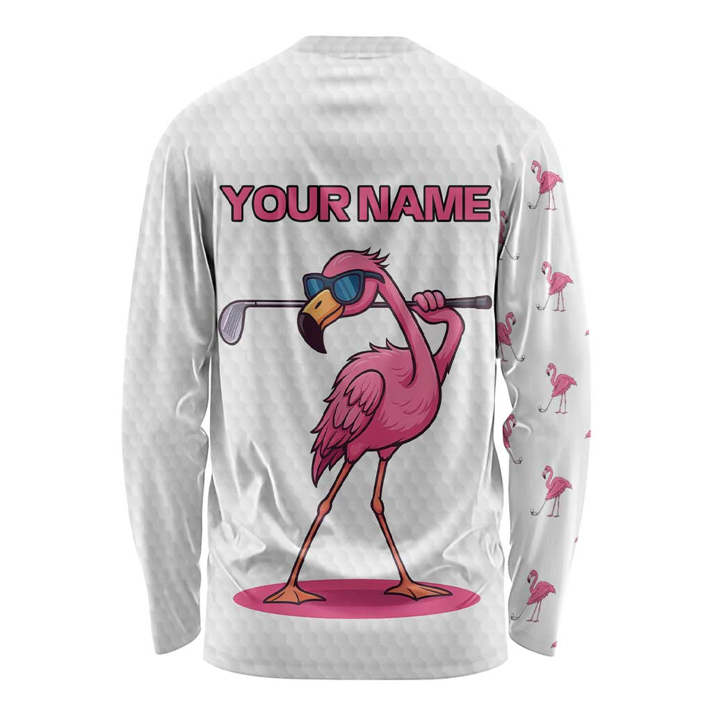 Personalized Pink Flamingo Playing Golf Long Sleeve Shirt Sunglasses and White Pattern Background Design - Wonder Print Shop