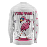 Personalized Pink Flamingo Playing Golf Long Sleeve Shirt Sunglasses and White Pattern Background Design - Wonder Print Shop