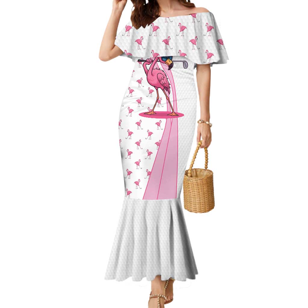 Personalized Pink Flamingo Playing Golf Mermaid Dress Sunglasses and White Pattern Background Design - Wonder Print Shop