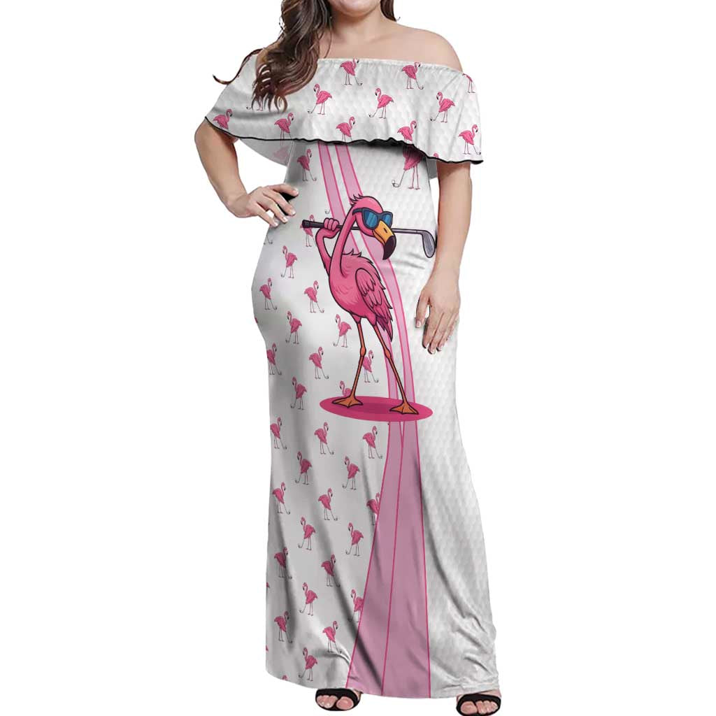Personalized Pink Flamingo Playing Golf Off Shoulder Maxi Dress Sunglasses and White Pattern Background Design - Wonder Print Shop