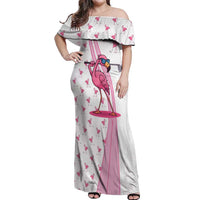 Personalized Pink Flamingo Playing Golf Off Shoulder Maxi Dress Sunglasses and White Pattern Background Design - Wonder Print Shop