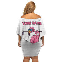 Personalized Pink Flamingo Playing Golf Off Shoulder Short Dress Sunglasses and White Pattern Background Design - Wonder Print Shop