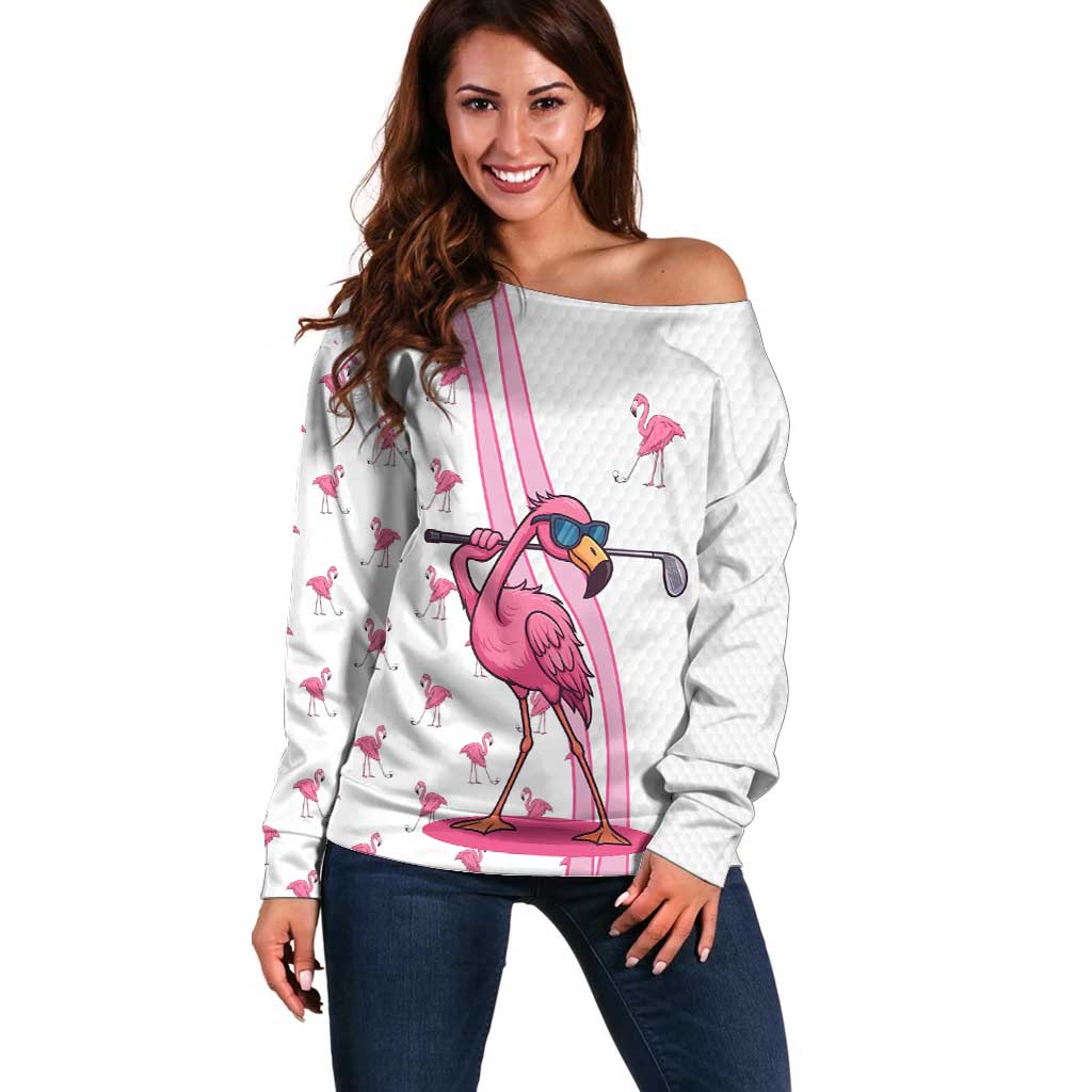 Personalized Pink Flamingo Playing Golf Off Shoulder Sweater Sunglasses and White Pattern Background Design - Wonder Print Shop