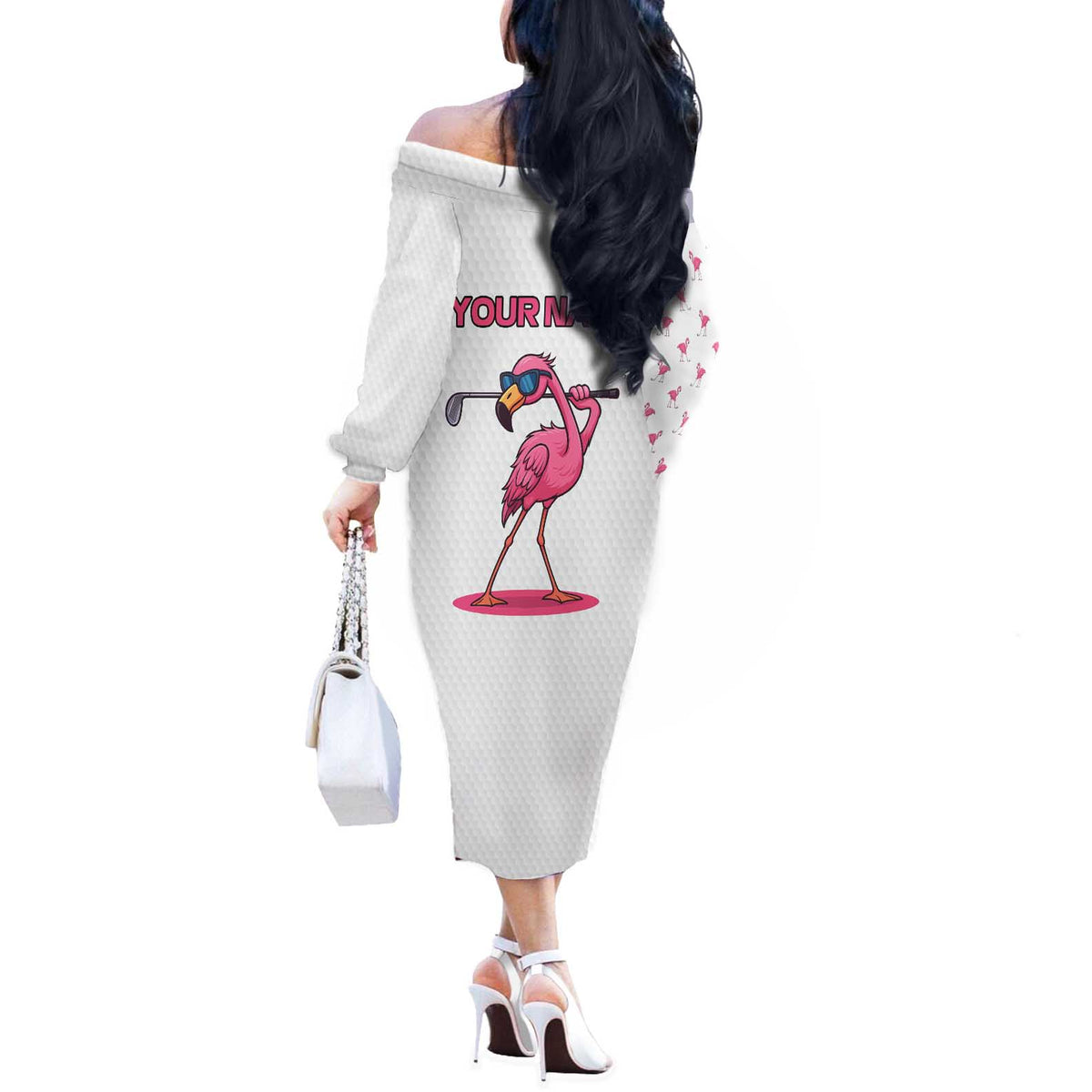 Personalized Pink Flamingo Playing Golf Off The Shoulder Long Sleeve Dress Sunglasses and White Pattern Background Design - Wonder Print Shop