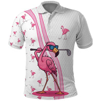 Personalized Pink Flamingo Playing Golf Polo Shirt Sunglasses and White Pattern Background Design - Wonder Print Shop