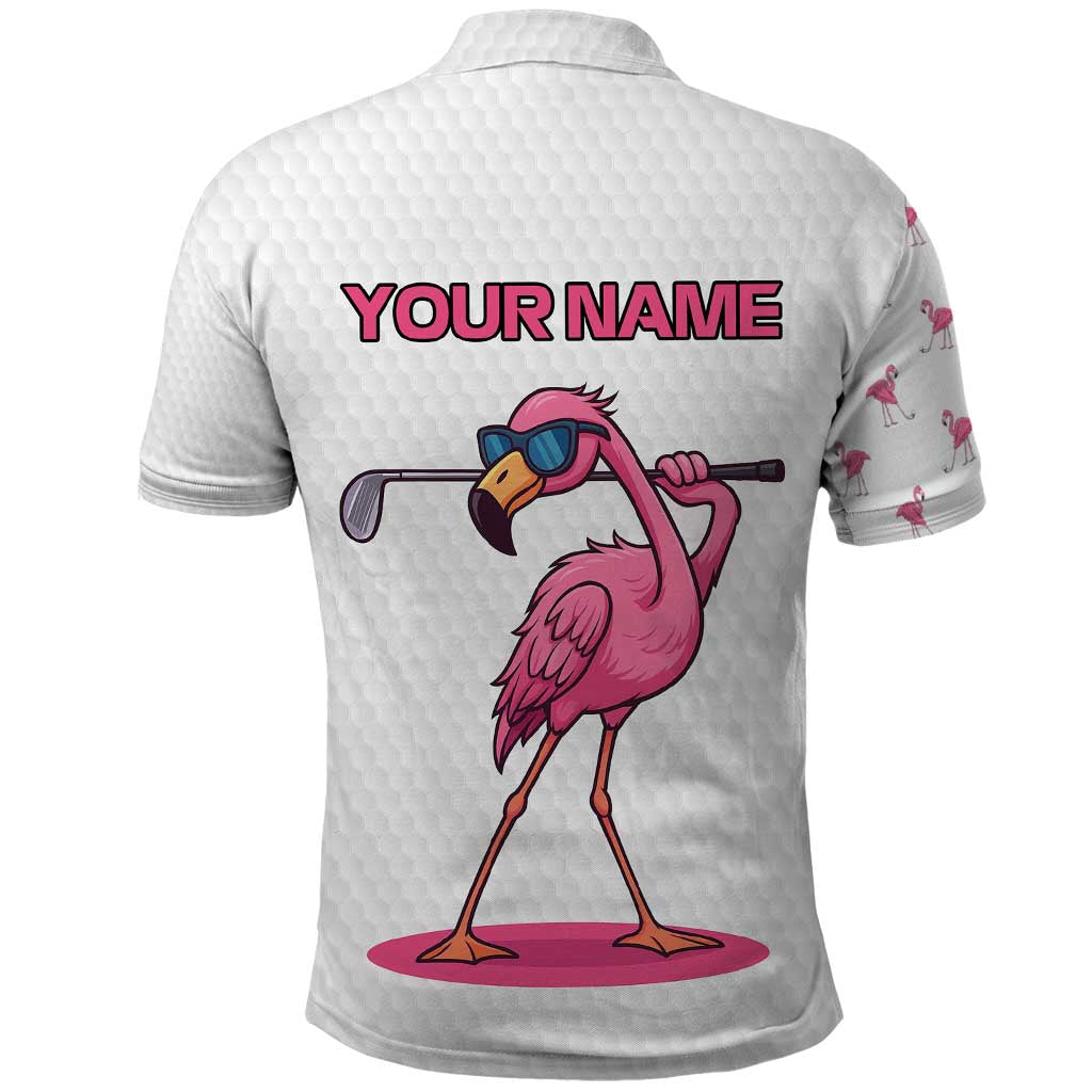 Personalized Pink Flamingo Playing Golf Polo Shirt Sunglasses and White Pattern Background Design - Wonder Print Shop