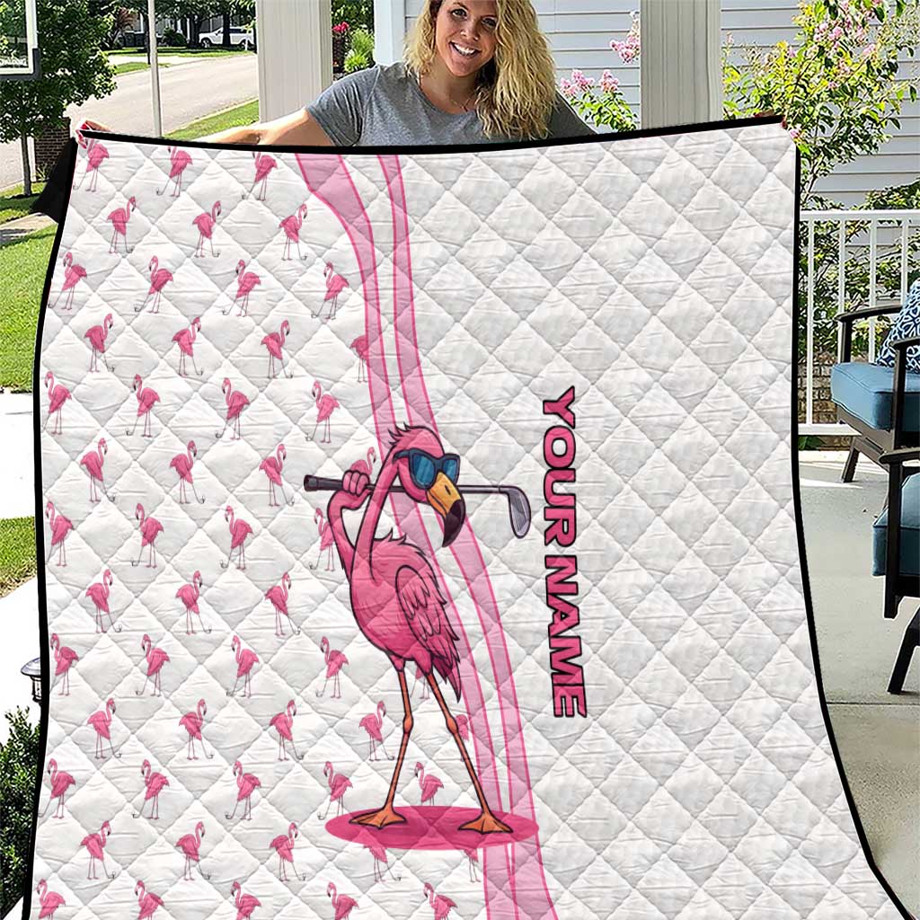 Personalized Pink Flamingo Playing Golf Quilt Sunglasses and White Pattern Background Design - Wonder Print Shop