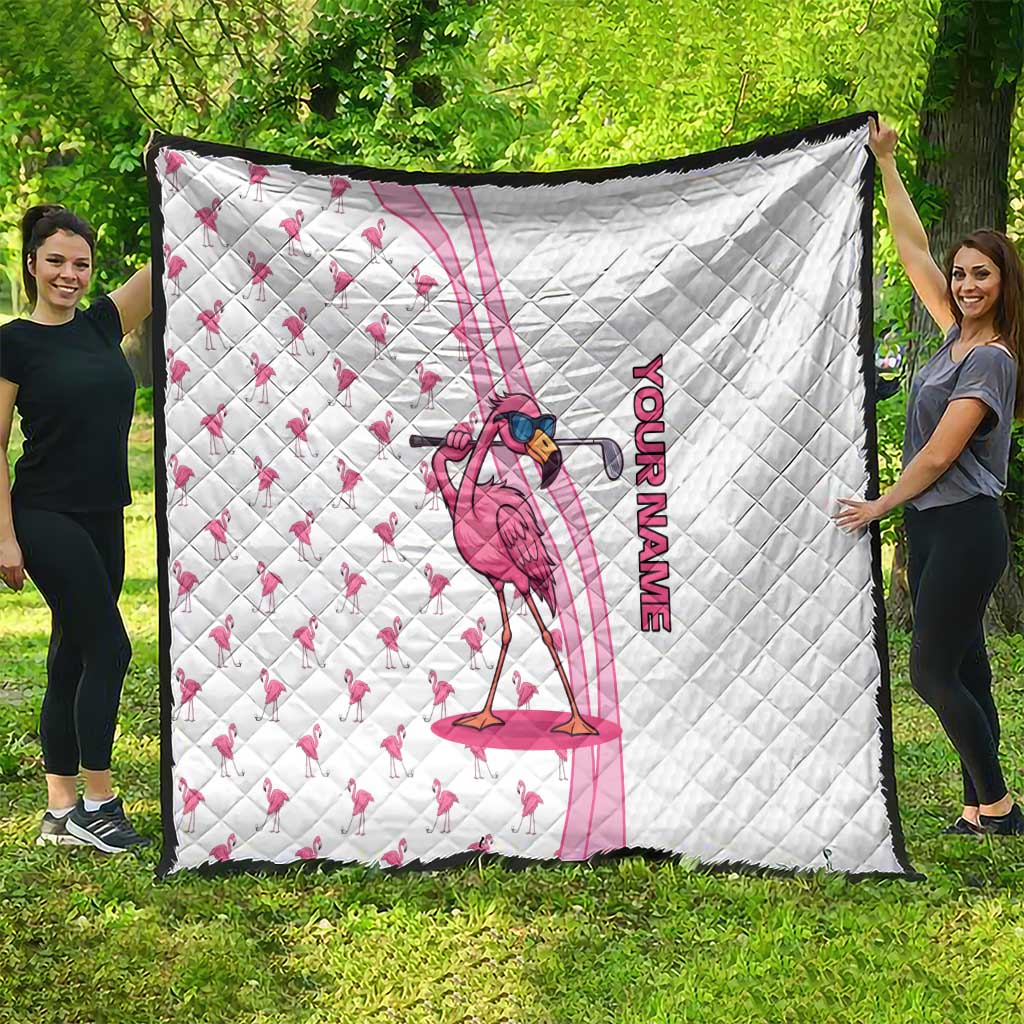 Personalized Pink Flamingo Playing Golf Quilt Sunglasses and White Pattern Background Design - Wonder Print Shop