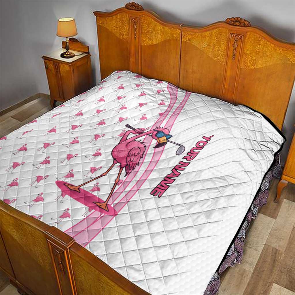 Personalized Pink Flamingo Playing Golf Quilt Sunglasses and White Pattern Background Design - Wonder Print Shop