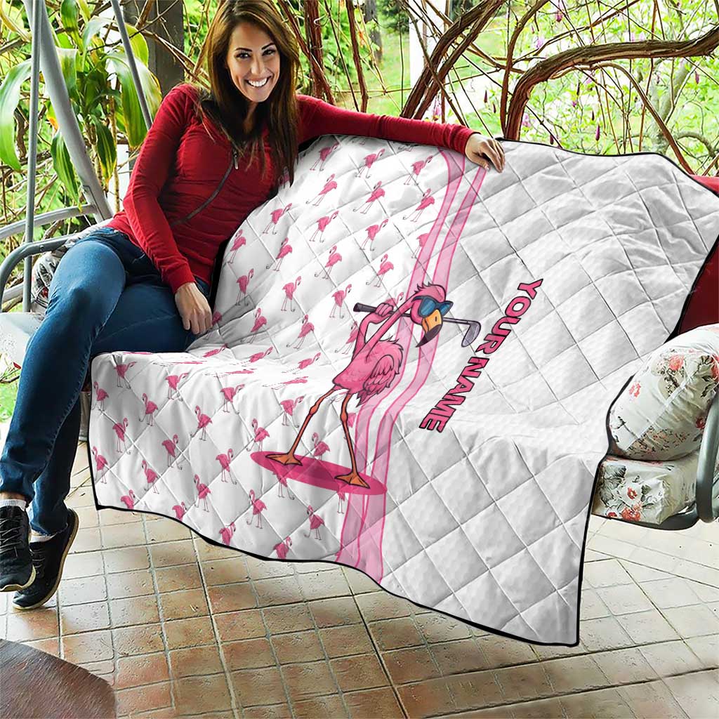 Personalized Pink Flamingo Playing Golf Quilt Sunglasses and White Pattern Background Design - Wonder Print Shop